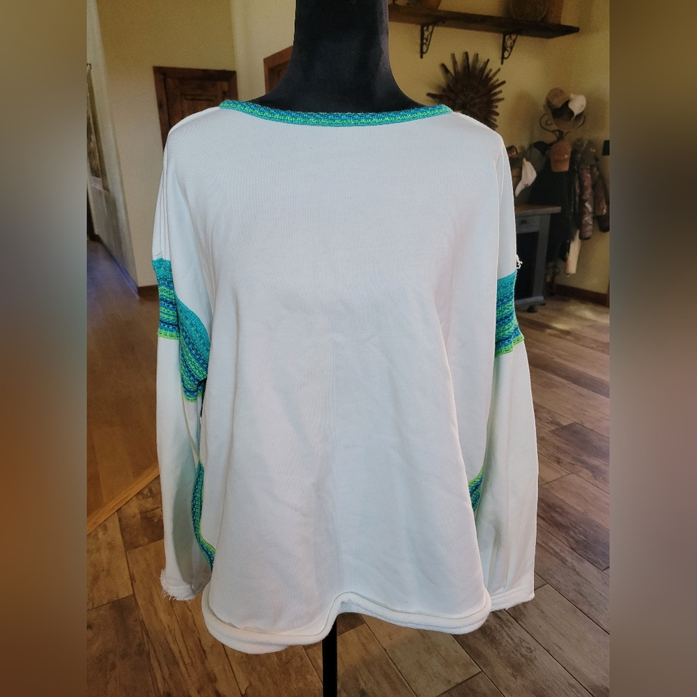 NATURAL LIFE White Sweatshirt with Teal & Green Trim Details